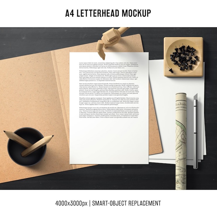 A4 letterhead mockup with workspace concept